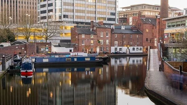 Houseboats on Gas Street Basin in the heart of Birmingham, England, United Kingdom