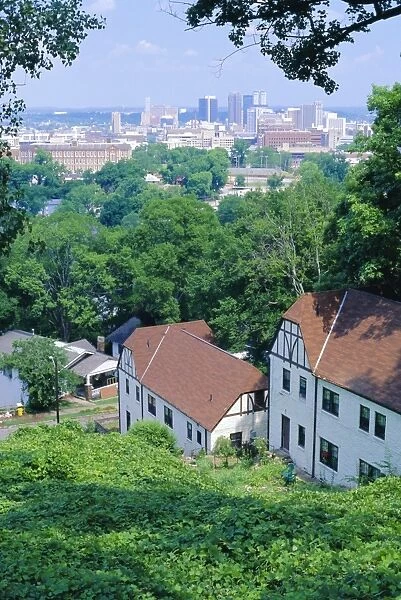 Houses amid trees and city skyline in the background