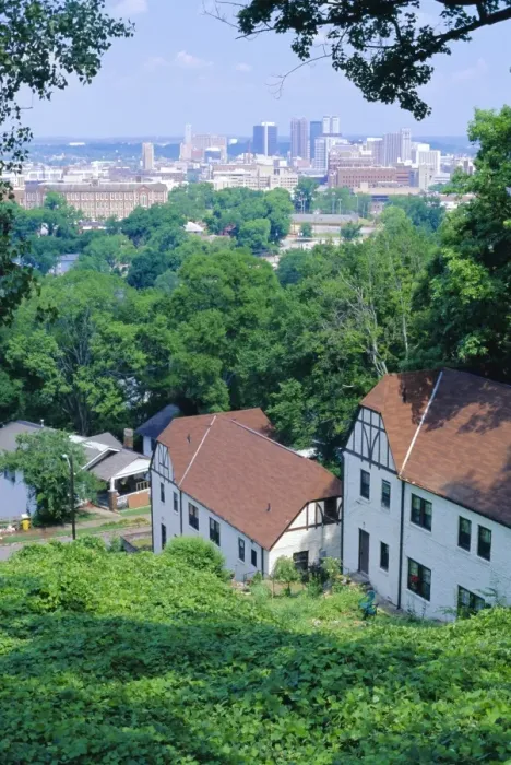 Framed Print : Houses amid trees and city skyline in the background Framed Print : Houses amid trees and city skyline in the background