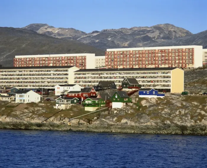 Framed Print : Houses and apartment buildings on the shore at Nuuk