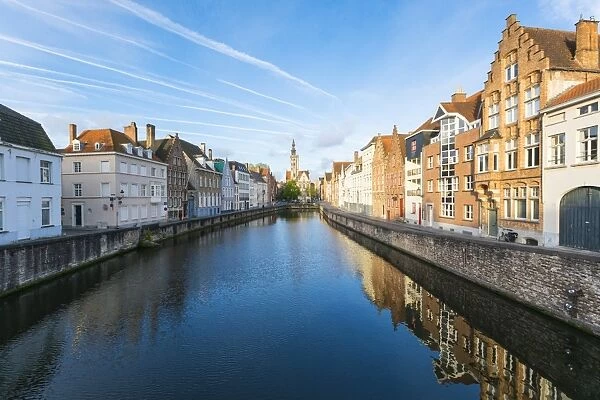Houses and belfry on canal, Bruges, West Flanders province, Flemish region, Belgium