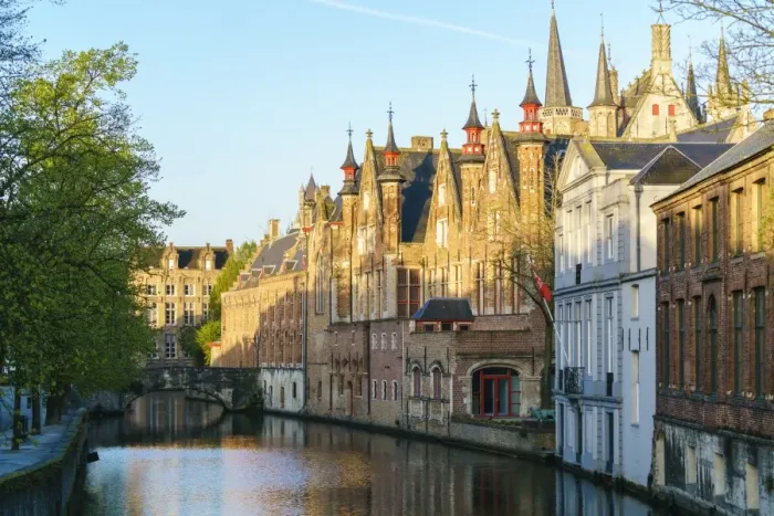 Framed Print : Houses and bridge reflections on Groenerei canal in the morning, Bruges, West Flanders province Framed Print : Houses and bridge reflections on Groenerei canal in the morning, Bruges, West Flanders province