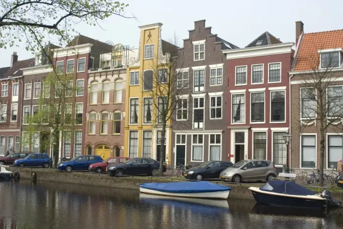 Framed Print : Houses along canal, Leiden, Netherlands, Europe Framed Print : Houses along canal, Leiden, Netherlands, Europe