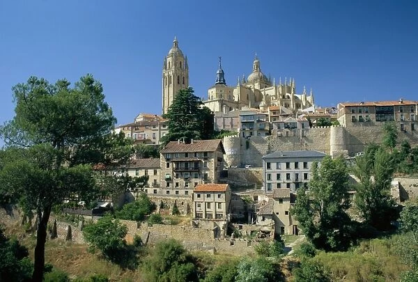 Houses and the cathedral from the south of the city of Segovia