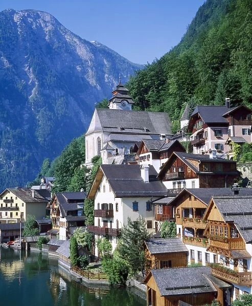 Houses, chalets and the church of the village of Hallstatt in the Salzkammergut