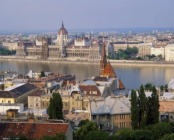 Houses and church in Buda with the River Danube beyond