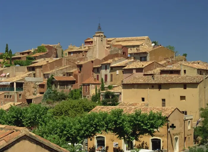 Framed Print : Houses and church tower on the skyline in the village of Roussillon, Vaucluse Framed Print : Houses and church tower on the skyline in the village of Roussillon, Vaucluse