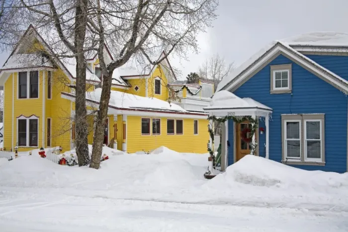 Framed Print : Houses decorated for Christmas Framed Print : Houses decorated for Christmas