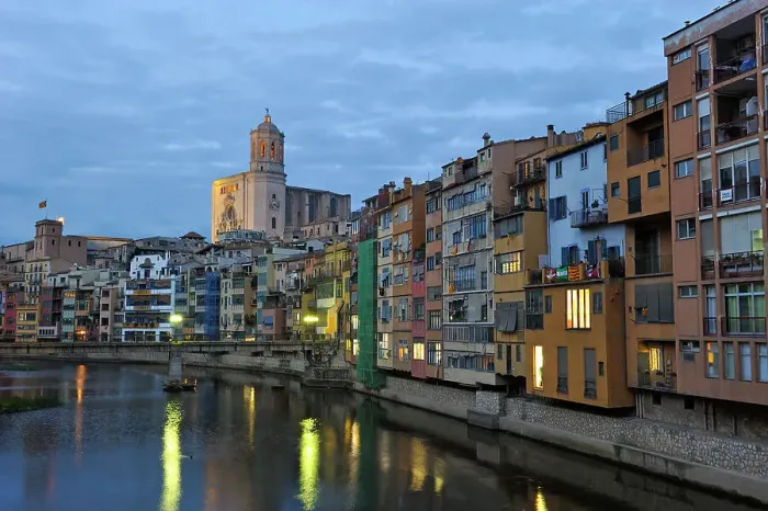 Framed Print : Front of the houses by the Onyar River at dusk, with the bell tower of the Cathedral in the background, Girona, Catalonia, Spain, Europe Framed Print : Front of the houses by the Onyar River at dusk, with the bell tower of the Cathedral in the background, Girona, Catalonia, Spain, Europe