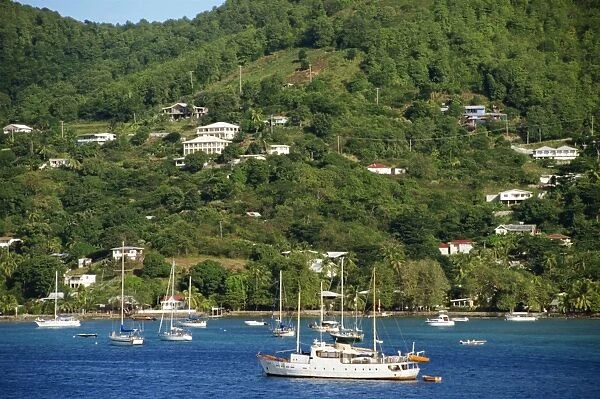Houses overlooking bay with moored sailing boats