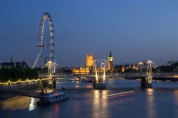 Houses of Parliament and London Eye at dusk, London, England, United Kingdom, Europe