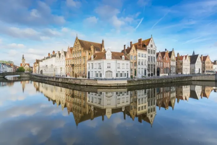 Framed Print : Houses reflected at Spiegelrei corner, Bruges, West Flanders province, Flemish region