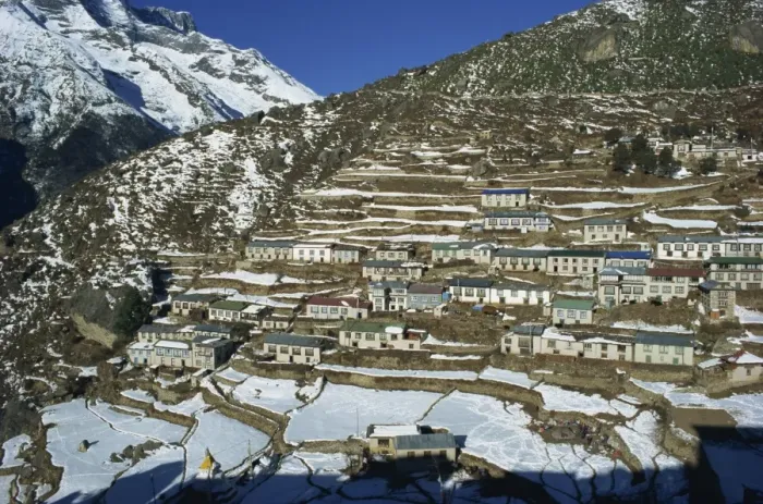 Framed Print : Houses and terraced fields under snow at Namche Bazaar Framed Print : Houses and terraced fields under snow at Namche Bazaar