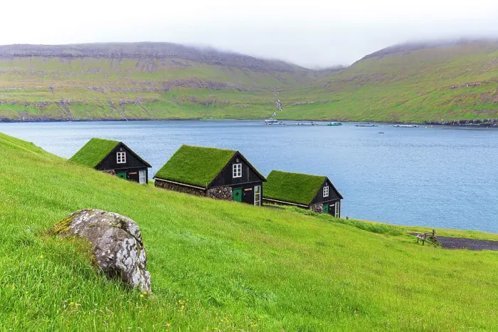 Framed Print : Houses with turf roofs, Bour village, Vagar island, Faroe islands, Denmark, Europe Framed Print : Houses with turf roofs, Bour village, Vagar island, Faroe islands, Denmark, Europe