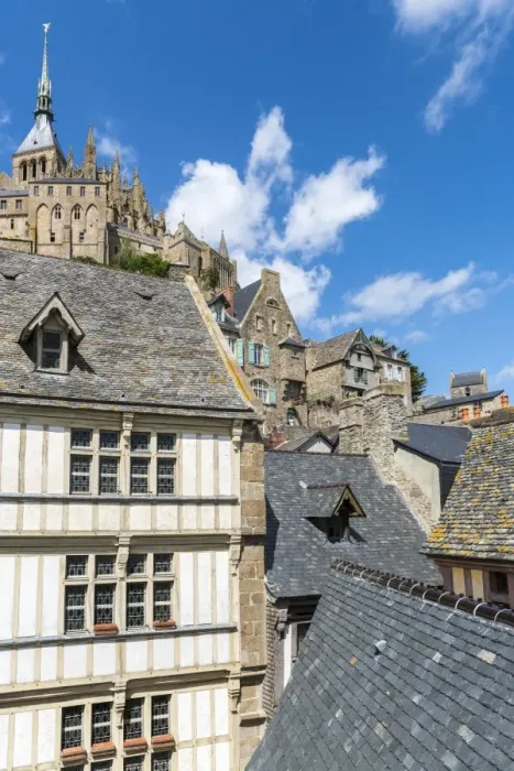 Framed Print : Houses in the village centre with the Abbey above, UNESCO World Heritage Site, Mont-Saint-Michel Framed Print : Houses in the village centre with the Abbey above, UNESCO World Heritage Site, Mont-Saint-Michel