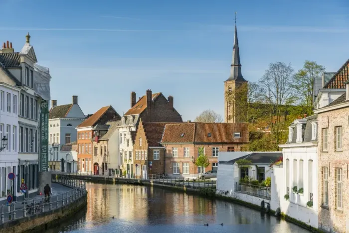 Framed Print : Houses on water canal, Bruges, West Flanders province, Flemish region, Belgium, Europe