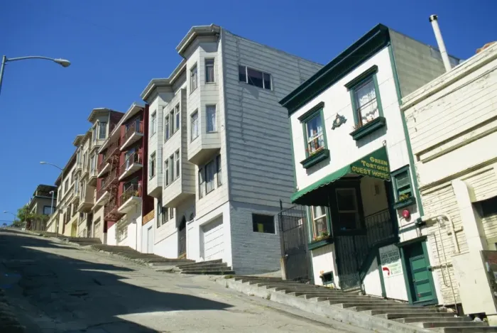 Framed Print : Housing on typically steep street Framed Print : Housing on typically steep street