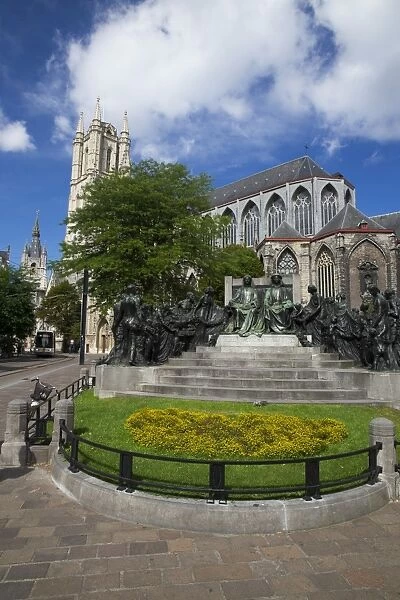 Hubert and Jan van Eyck Monument outside Saint Bavo Cathedral, city centre, Ghent