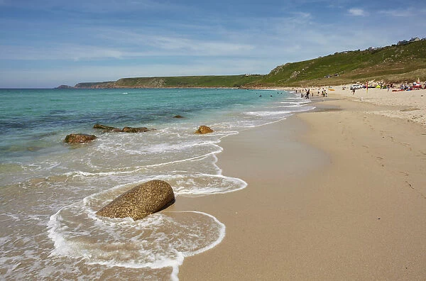 The huge beach at Whitesand Bay, at Sennen Cove, with Cape Cornwall in the distance
