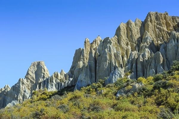 Huge sharp pinnacles of the Omarama clay cliffs, Otago, South Island, New Zealand, Pacific
