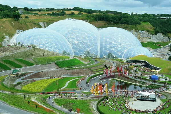 The Humid Tropics biome at the Eden Project, a huge global garden with large hot houses opened in 2001 in a china clay pit, near St Austell, Cornwall, England, United