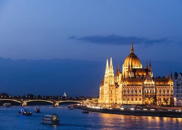 Hungarian Parliament Building and Danube River at night, UNESCO World Heritage Site
