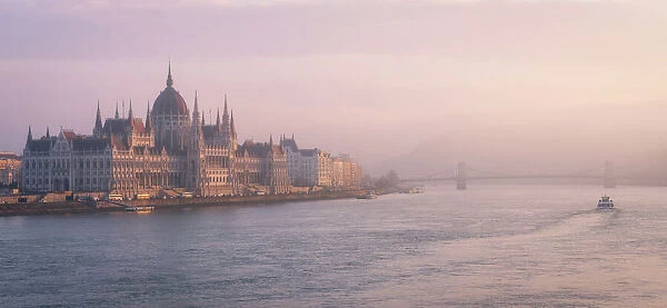 The Hungarian Parliament at sunset, Danube River, UNESCO World Heritage Site, Budapest