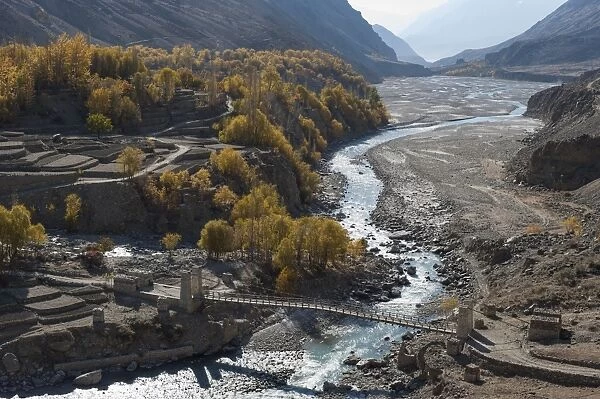 Hushe village beside a meandering river, Gilgit-Baltistan, northern Pakistan, Asia