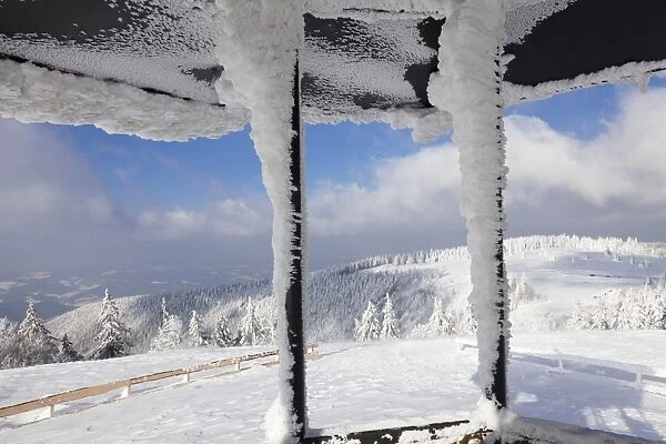 Hut at the peak of Kandel Mountain in winter, Black Forest, Baden-Wurttemberg, Germany