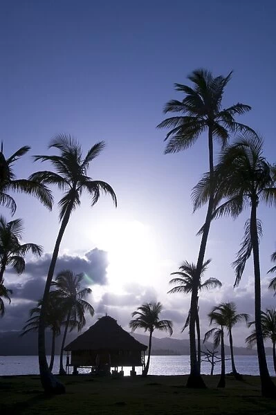 Hut over the water and palm trees silhouetted at sunset, Yandup Island