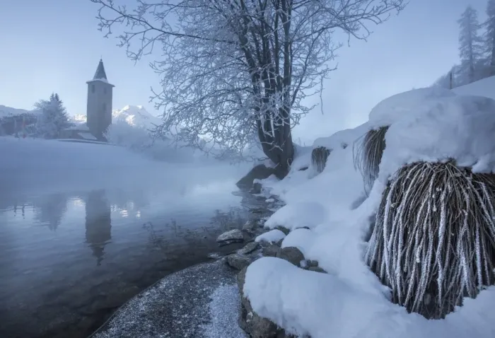 Framed Print : Ice and frost covering the banks of River Inn in Lower Engadine, the morning mist hiding the bell tower of the church in Sils, Graubunden, Switzerland, Europe Framed Print : Ice and frost covering the banks of River Inn in Lower Engadine, the morning mist hiding the bell tower of the church in Sils, Graubunden, Switzerland, Europe