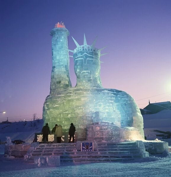 An ice sculpture of the Statue of Liberty during the