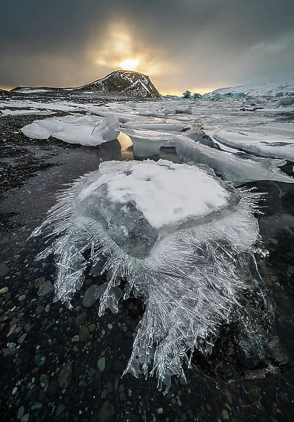 Ice shard, Jokulsarlon Ice Lagoon, sunset, Iceland, Polar Regions