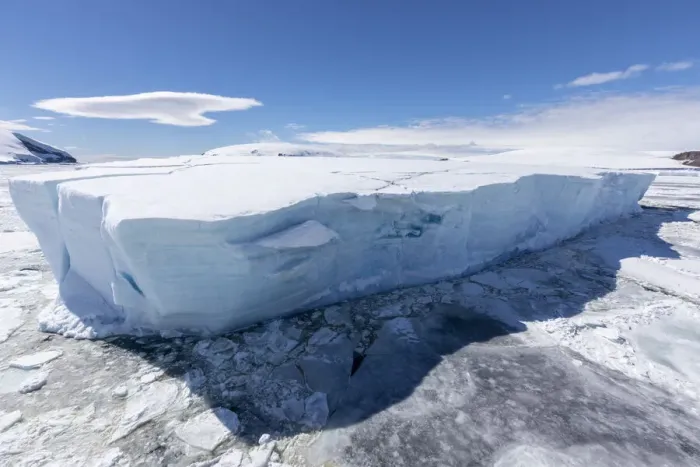 Framed Print : Iceberg amongst winter sea ice breaking up in the Weddell Sea, Antarctica, Polar Regions