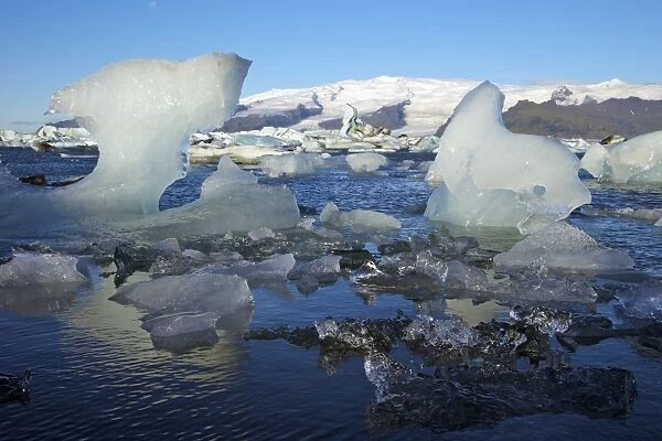 Icebergs on glacial lake at Jokulsarlon with snow on the massive icecap of Vatnajokull behind, Iceland, Polar Regions