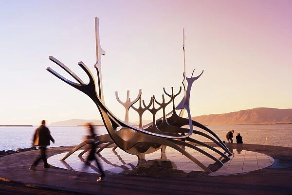 Iceland, Reykjavik, Solfar (Sun Voyager), iconic stainless-steel modern sculpture representing a Viking longboat by Jon Gunnar Arnason