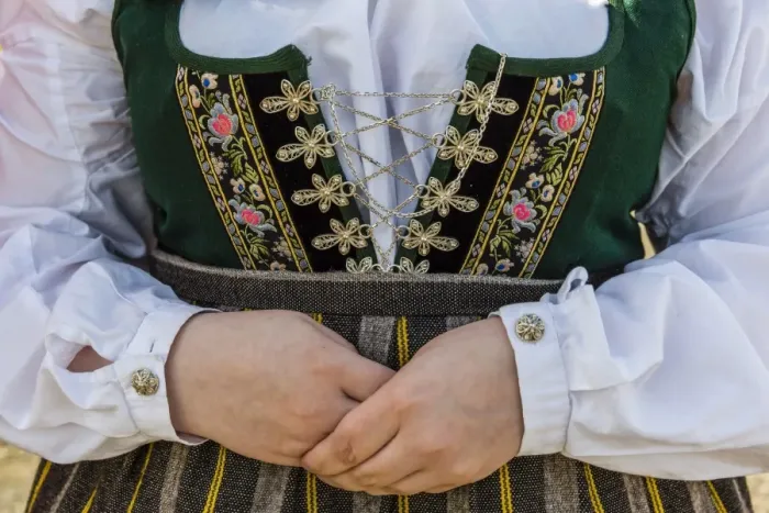 Framed Print : Detail of an Icelandic traditional costume near Akureyri, Iceland, Polar Regions