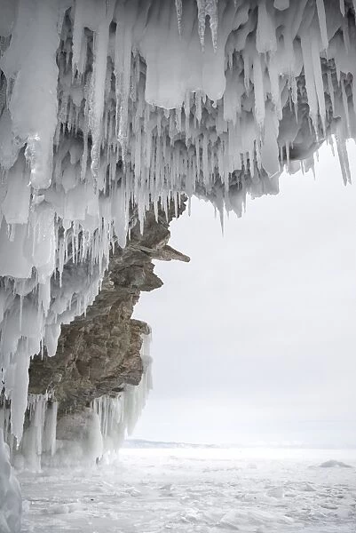 Icicles formed on the roof of caves at Olkhon Island as the waves enter the cave and freeze at the beginning of winter, Lake Baikal, Irkutsk Oblast, Siberia, Russia, Eurasia