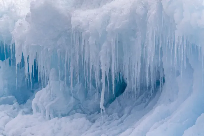 Framed Print : Icicles forming from melting and refreezing on iceberg at Devil Island, Weddell Sea