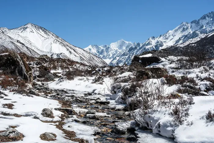 Framed Print : Icy river leading along the Lang Tang Valley towards the snow and ice capped Gangchempo, and Kyanjin Gompa, Himalayas, Nepal, Asia Framed Print : Icy river leading along the Lang Tang Valley towards the snow and ice capped Gangchempo, and Kyanjin Gompa, Himalayas, Nepal, Asia