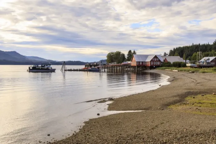 Framed Print : Icy Strait Point, near Hoonah, shore, cannery museum, dock and whale watch boat, summer Framed Print : Icy Strait Point, near Hoonah, shore, cannery museum, dock and whale watch boat, summer