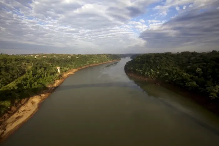 Framed Print : The Iguassu River, national border with Argentina on the left and Brazil on the right Framed Print : The Iguassu River, national border with Argentina on the left and Brazil on the right