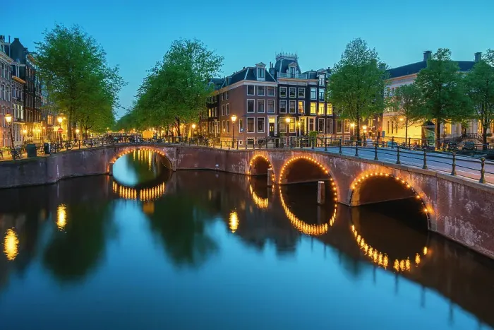 Framed Print : Illuminated bridge over Keizersgracht canal at twilight, Amsterdam, The Netherlands, Europe