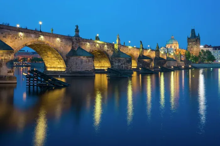 Framed Print : Illuminated Charles Bridge with reflections at twilight, UNESCO World Heritage Site, Prague, Bohemia, Czech Republic (Czechia), Europe