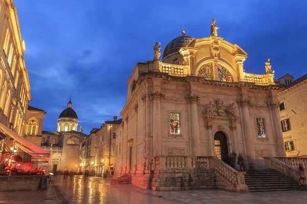 Illuminated Church of St. Blaise and Cathedral, evening blue hour, Old Town, Dubrovnik