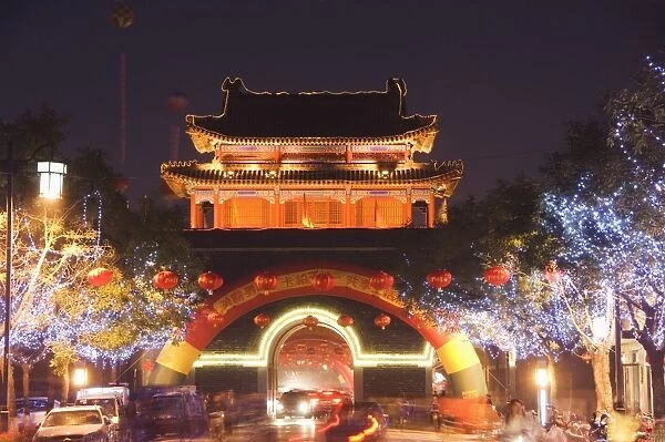 Illuminated City Gate and watch tower, Qufu City, UNESCO World Heritage Site