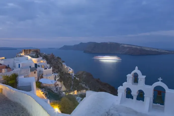 Framed Print : Illuminated cruise ship entering the caldera at dawn, Oia (Ia), Santorini (Thira) (Thera), Cyclades Islands, South Aegean, Greek Islands, Greece, Europe Framed Print : Illuminated cruise ship entering the caldera at dawn, Oia (Ia), Santorini (Thira) (Thera), Cyclades Islands, South Aegean, Greek Islands, Greece, Europe