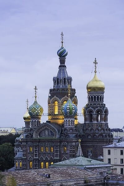 Illuminated domes of Church of the Saviour on Spilled Blood, UNESCO World Heritage Site, St