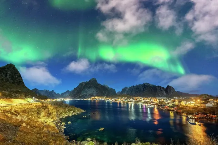 Framed Print : Illuminated harbor of Reine under the bright green lights of the Aurora Borealis (Northern Lights), Lofoten Islands, Nordland, Norway, Scandinavia, Europe Framed Print : Illuminated harbor of Reine under the bright green lights of the Aurora Borealis (Northern Lights), Lofoten Islands, Nordland, Norway, Scandinavia, Europe
