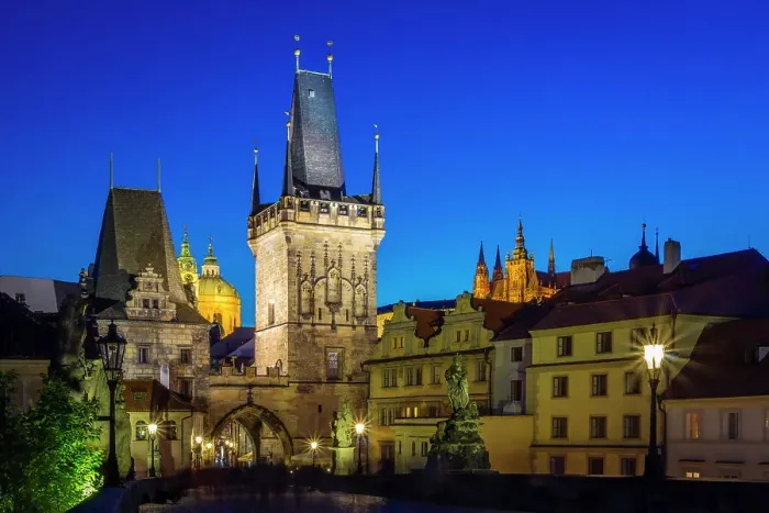 Framed Print : Illuminated Lesser Town Bridge Tower, St. Nicholas Church and Prague Castle at twilight, UNESCO World Heritage Site, Old Town, Prague, Czech Republic (Czechia), Europe